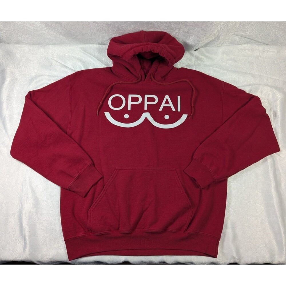 One Punch Man Oppai Hoodie Adult M Maroon Anime Saitama Gildan Pullover